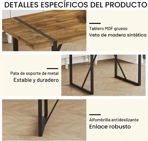 Vista 5 de Mesa de comedor de 55 pulgadas para 4-6, mesa de cocina de madera con patas de metal, mesa de comedor para 4-6 para el hogar, comedor, sala de estar