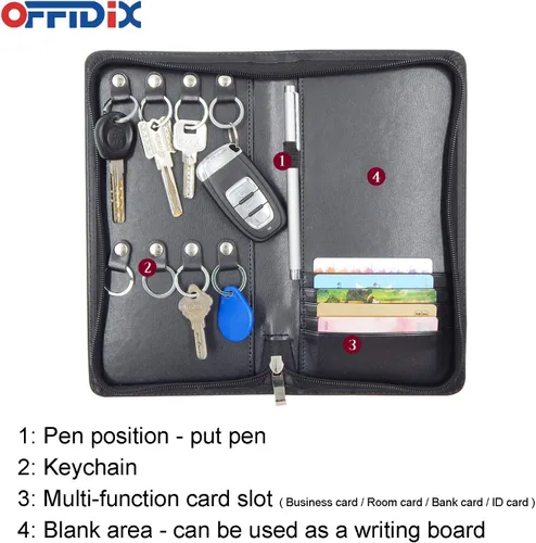 Vista 4 de OFFIDIX Gabinete portátil de piel sintética para llaves, 8 llaves, portátil, con cremallera, organizador de tarjetas de menús, soporte de negocios