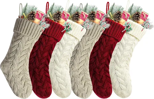 Vista 15 de Calcetines de Navidad, tejidos, únicos, color blanco, borgoña y marfil.