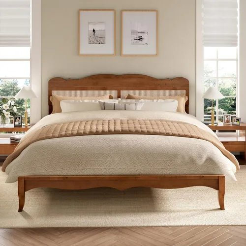 Vista 9 de PHI VILLA Marco de cama de madera maciza tamaño matrimonial con cabecero