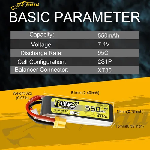 Vista 2 de TATTU R-Line 550mAh 7.4V 95C 2S Lipo Batería con XT30 Plug para FPV Racing Quadcopter