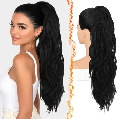 Vista 15 de BARSDAR 25 Inch Synthetic Dual Claw Clip Auburn Brown Loose Wavy Ponytail