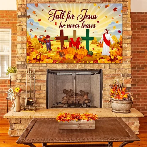Vista 4 de Fondo de otoño para Jesús, pancarta de otoño de calabaza, hoja de arce, decoración de la Biblia, religión cristiana, fondo de poliéster, suministros