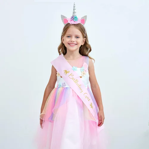 Vista 6 de Vestido de princesa unicornio para niñas pequeñas disfraz joyas y diadema