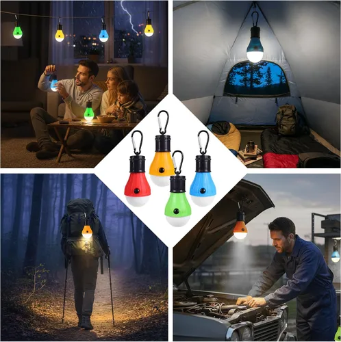 Vista 3 de Juego de 4 faroles LED para campamento, luces portátiles para tienda de campaña con ganchos de clip y 3 modos (alto/bajo/estroboscópico), lámpara
