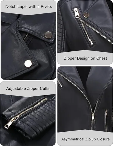 Vista 7 de Bellivera Chaqueta informal de piel sintética, abrigo de motocicleta de moda para otoño y primavera, para mujer