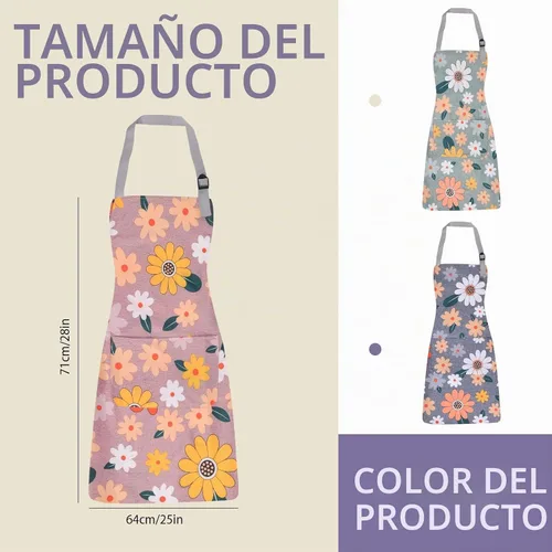 Vista 2 de 3 Pack Floral Apron for Women with Pockets, Adjustable Aprons for Women for Kitchen Cooking