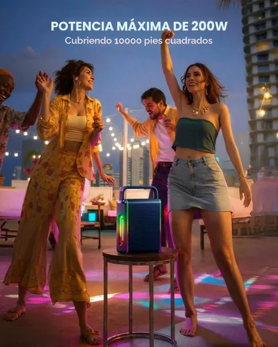 Vista 3 de Moukey MPS5 - Máquina de karaoke portátil, altavoz recargable de 200 W de potencia máxima con 2 micrófonos inalámbricos y correa, compatible con BT
