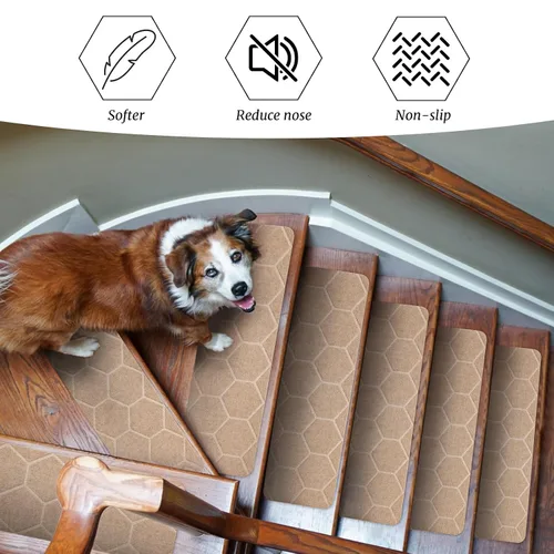 Vista 5 de MATAHUM Peldaños antideslizantes para escaleras, paquete de 15 alfombras de 8 x 30 pulgadas, color beige para escalones de madera en interiores
