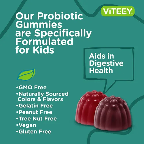Vista 5 de Viteey - Gomitas probióticas para niños, más fibra de prebióticos, 2 mil millones de UFC Digestive Health, Gut Health, Constipation Relief for