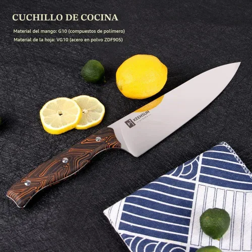 Vista 5 de KEENSUN Cuchillo de chef – Cuchillo de cocina profesional de 8 pulgadas resistente a la corrosión VG10 de acero inoxidable ultra afilado, mango G10