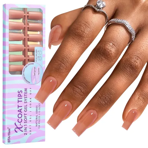 Vista 8 de BTArtboxs XCOATTIPS - Uñas postizas a presión, color marrón, gel suave, almendra corta, 160 unidades Lamp-Curable, 4-Week Wear, Salon Quality