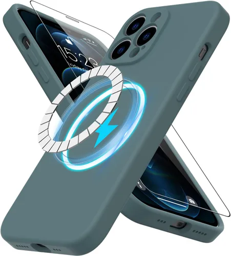 Vista 45 de DEENAKIN Funda magnética de silicona para iPhone 12 Pro con protector de pantalla, compatible con MagSafe, protección de cámara, funda protectora