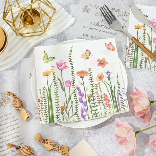 Vista 3 de AnyDesign Paquete de 80 servilletas de almuerzo florales de primavera, desechables, de papel, servilletas decorativas, mariposas, flores, postre