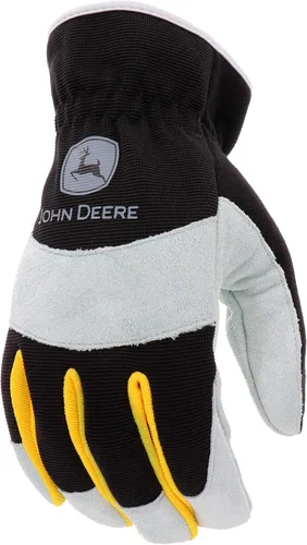 Vista 3 de John Deere Split Cowhide Palm Gloves – Yellow/Grey/Black, Large Spandex Back Gloves with Shirred Elastic Wrists