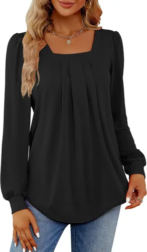 Vista 4 de Funlingo 2023 - Blusas de manga larga para mujer, estilo túnica, plisadas, con cuello cuadrado, estilo casual, holgadas