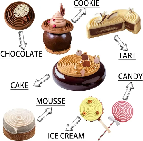 Vista 3 de Moldes redondos de silicona para pastelería, juego de 2 moldes para hornear tourbillon para chocolate, dulces, tarta de mousse, galletas, postres