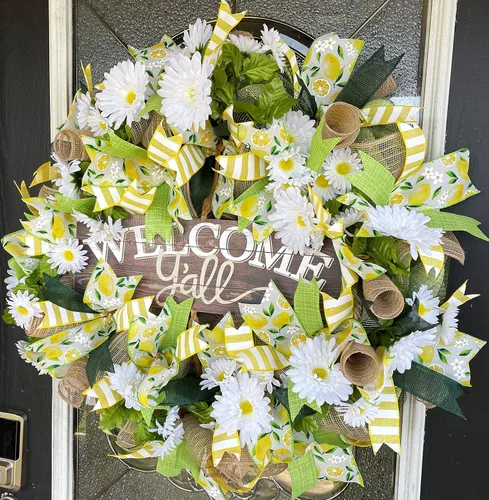 Vista 2 de XL Welcome Y'all Lemon & Daisy Summer & Spring Deco Mesh Front Door Wreath, Porch Patio Home Decor, Handmade, Unique Gift Idea for Her