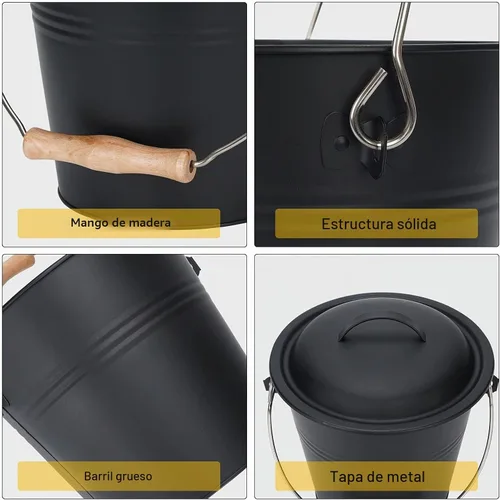 Vista 3 de Cubo de cenizas de metal de 1.5 galones con tapa, pala, escoba - Para chimeneas, estufas de leña