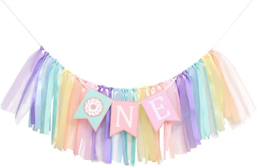 Vista 7 de Cartel de cumpleaños de 1 a 2 años de edad – Cartel para silla alta de cumpleaños con tema de dona, un grupo de tutú de cinta de arco iris suave