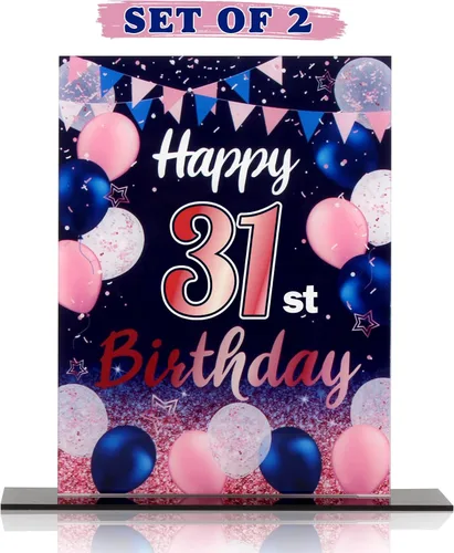Vista 163 de LINGTEER Decoraciones de feliz cumpleaños número 11, 2 piezas de soporte de acrílico con impresión de pie rosa y azul, tablero de telón de fondo