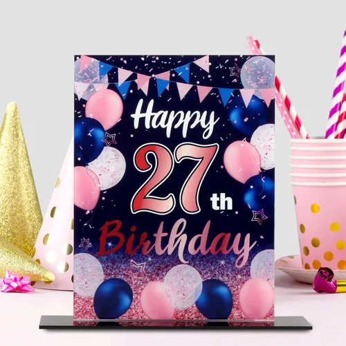 Vista 106 de LINGTEER Decoraciones de feliz cumpleaños número 11, 2 piezas de soporte de acrílico con impresión de pie rosa y azul, tablero de telón de fondo