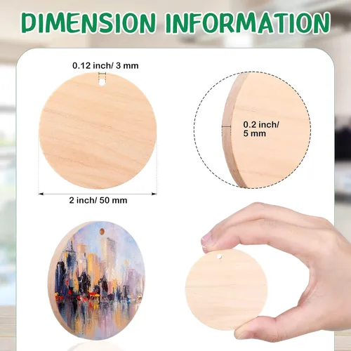 Vista 3 de 50 piezas de 2 pulgadas de madera natural sin terminar círculos de madera redondos planos con agujero para colgar para bricolaje, discos de madera