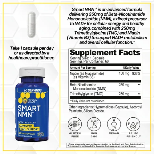 Vista 5 de NATURAL STACKS Paquete de suplemento Smart Ginkgo Biloba y Smart NMN - Soporte cerebral extra fuerte y apoyo NAD+* - 120 cápsulas totales