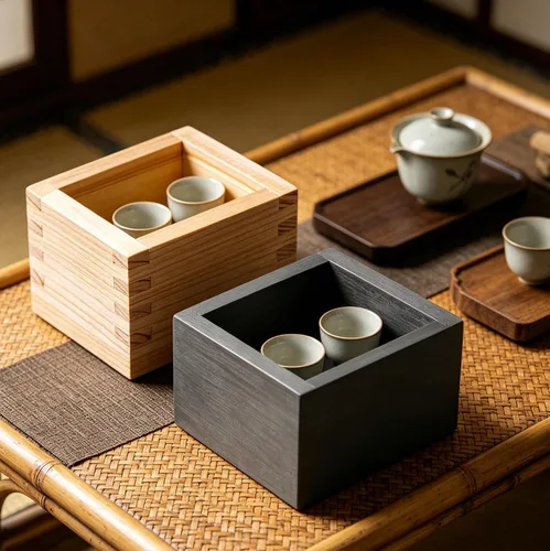 Vista 3 de 2 cajas de madera cuadradas japonesas para tazas de sake, material de madera, bordes lisos, diseño elegante para almacenamiento y servir