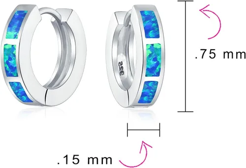 Vista 4 de Aretes de aro iridiscentes con incrustaciones de ópalo creadas en blanco y azul para mujeres, adolescentes, plata de ley 925, piedra natal