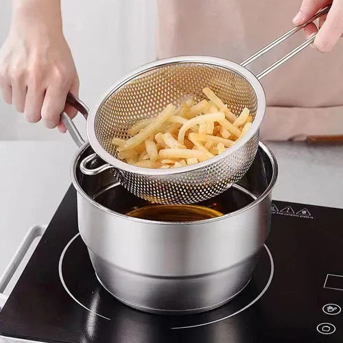 Vista 4 de Colador de lavabo de acero inoxidable con asa, colador de alimentos de cocina de malla fina, coladores grandes de metal para pasta, fideos, verduras