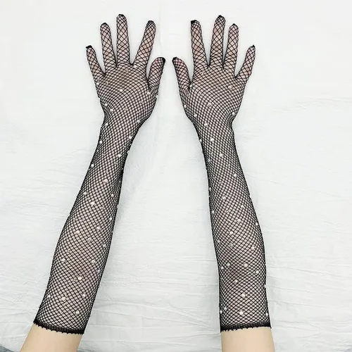 Vista 3 de Specell Womens Mesh Rhinestone Gloves Fishnet Sparkly Glitter Opera Highly Elastic Gloves Length 19" For Party Halloween Etc