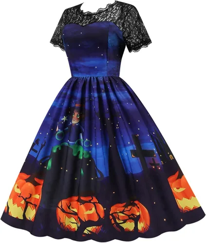 Vista 2 de Vestido de Halloween para mujer 2022 con cuello en V y manga corta con cremallera y panel de encaje
