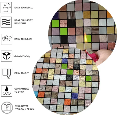 Vista 3 de XUANINY 5 hojas de azulejos metálicos para salpicaduras en muro, autoadhesivas, aluminio 3D, paneles de pared para cocina, baño, dormitorio, sala