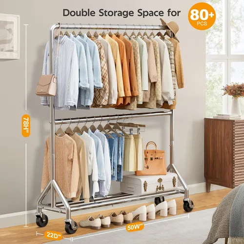 Vista 3 de AOODA Perchero de ropa resistente de 50 pulgadas de ancho para colgar ropa, perchero industrial de doble barra con ruedas, perchero resistente