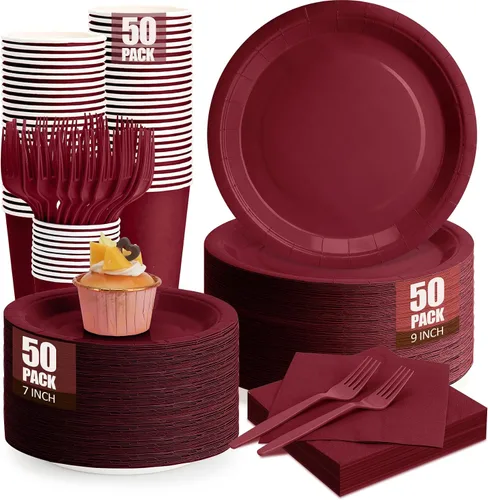 Vista 18 de Platos y servilletas de papel negro, platos desechables para fiestas, incluye platos de 7 y 9 pulgadas, tazas, servilletas, tenedores, suministros