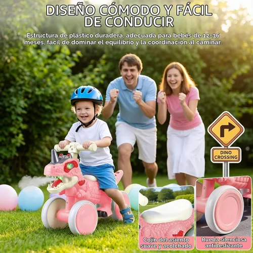 Vista 4 de Bicicleta de equilibrio para bebés de 1 año de edad, bicicletas de equilibrio de dinosaurio con sonidos, música y efectos de pulverización Rosa