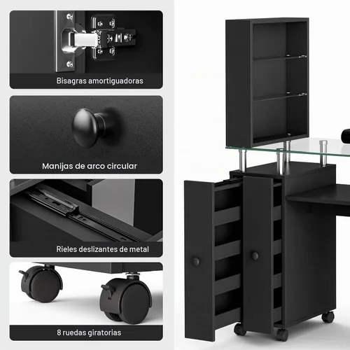 Vista 7 de Mesa de manicura con parte superior de vidrio para tecnología de uñas, estación de escritorio resistente a acetona con cajones de almacenamiento