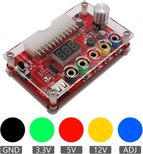 Vista 3 de Nueva versión ATX Fuente de alimentación Breakout Board y kit de estuche acrílico con perilla de voltaje ajustable ADJ, soporta 3.3V, 5V, 12V