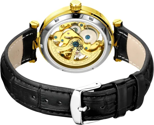 Vista 4 de Reloj esqueleto de pulsera automático estilo steampunk, manecillas luminosas de tono dorado, correa de cuero