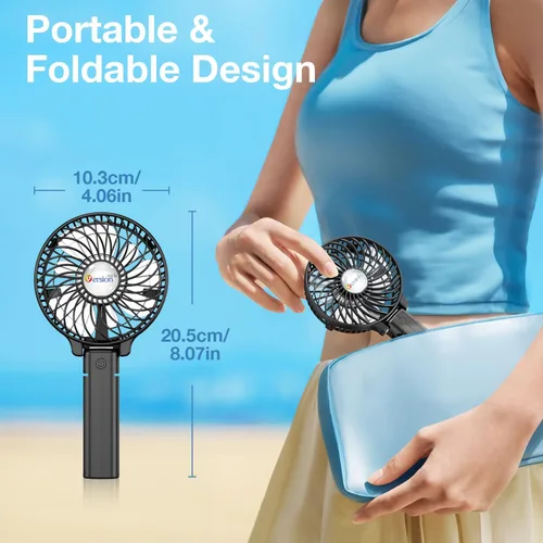 Vista 6 de VersionTECH. Ventilador de mano portátil, potente+duradero+plegable de 180°, mini ventiladores de mano con USB recargable, accesorios de Negro