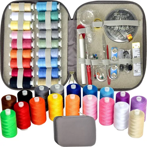 Vista 13 de Kit de costura con estuche, suministros de costura portátiles para el hogar, viajero, adultos, principiantes, emergencia, contiene 18 hilos