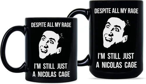 Vista 2 de We Got Good Taza Nicolas Cage con texto en inglés "Despite All My Rage