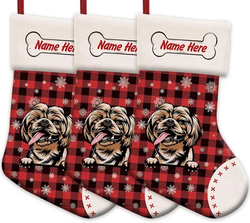 Vista 35 de Foto personalizada, Feliz Navidad, búfalo rojo, a cuadros, feliz perro, calcetín de Navidad, copo de nieve, decoración de vacaciones, calcetín