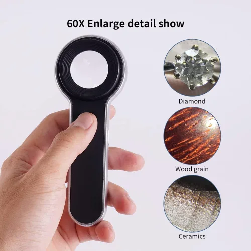 Vista 4 de Lupa recargable iluminada de 60 veces con lentes de doble revestimiento, iluminación LED/UV, diseñada para la identificación de joyas