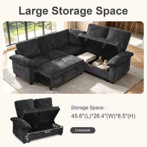 Vista 3 de Sofá cama modular modular con cama extraíble, sofá modular de 5 asientos en forma de L con almacenamiento, sofá nube, sofás seccionales convertibles