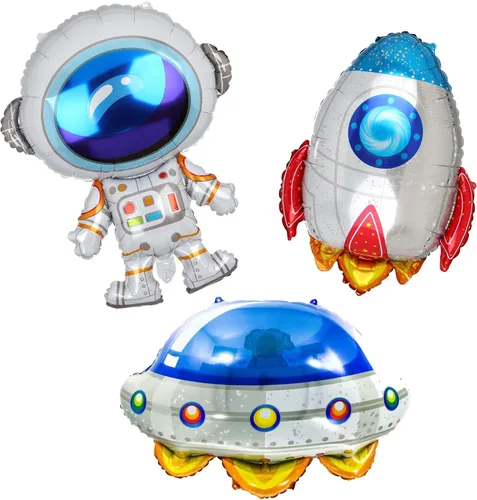 Vista 6 de 2 globos de aluminio con forma de astronautas grandes de Mylar para decoración de fiesta de cumpleaños con temática espacial del universo