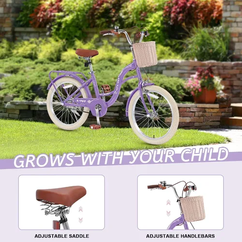Vista 4 de 20 Inch Girls Bike Ages 8-12, 20 Inch Bike with Basket and Kickstand, Single Speed Girls Bikes Kids Bicycle with Front and Rear Brakes, Children