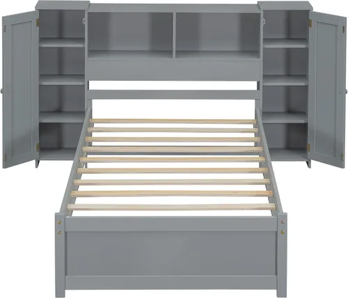 Vista 4 de Cama de plataforma de tamaño individual con cabecera de almacenamiento y taquillas, cabecera de almacenamiento multifuncional con 3 estantes Gris-t