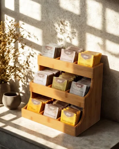 Vista 7 de Theodore Organizador vertical de té de bambú, capacidad para 180 bolsas de té, caja compacta de almacenamiento de té de madera para el hogar